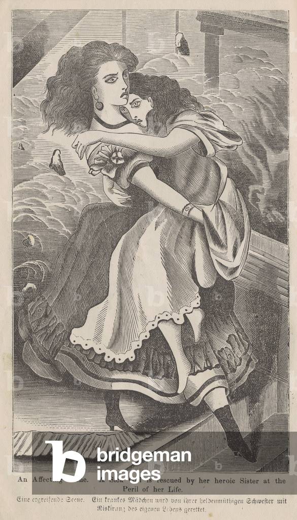 An affecting Scene, Illustration of a woman rescuing her sister during the Chicago Fire of 1871, from George L. Barclay's book, The Great Fire of Chicago, 1872 (wood engraving)
