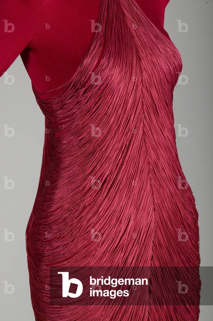 Evening dress, 1979 (partial front oblique view), Red silk jersey with draped fringe, Bill Blass
