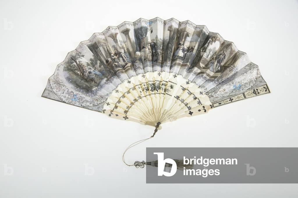 Fan, c.1850, Painted paper, bone, silver, and silk-and-metallic-thread tassel, Maker unknown