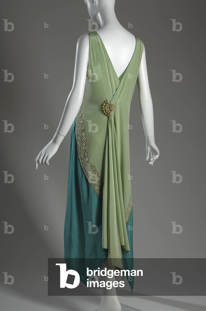 Evening dress, c.1928 (back oblique view), Silk charmeuse, pearl, metallic thread, and brooch, Callot Soeurs, France