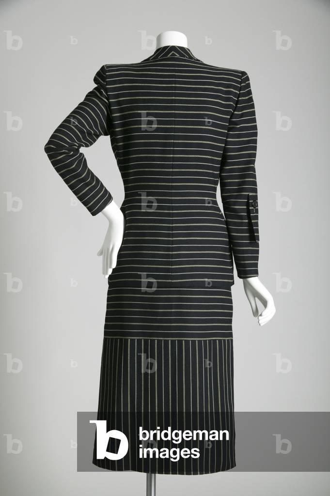 Jacket and skirt ensemble, 1948 (back view), Striped wool, Adrian, U.S.A.