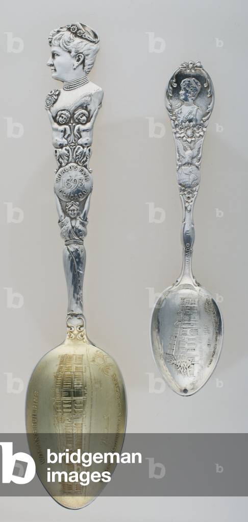 World's Columbian Exposition souvenir spoons (including one with image of Bertha Palmer), 1893, Silver, No label