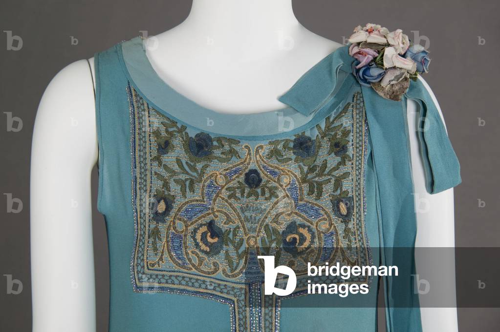 Wedding dress, 1927 (front bust detail), Silk crepe, glass beads, metallic thread embroidery, Maker unknown
