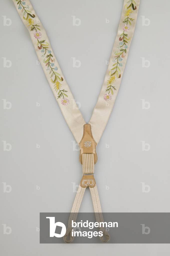 Suspenders, c.1880, Emroidered white satin, leather, silver, Maker unknown