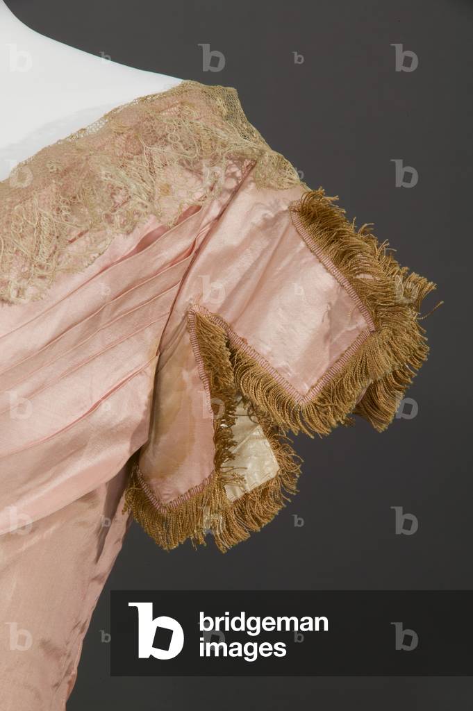 Bridesmaid dress, 1853 (detail view of sleeve), Silk taffeta, lace, fringe, Maker unknown