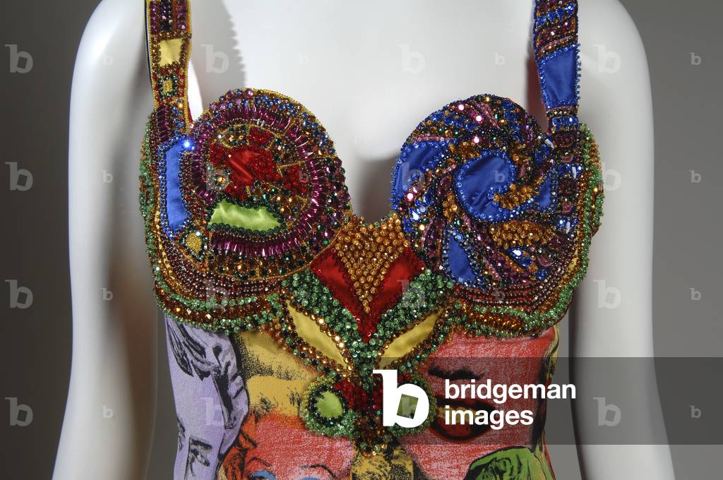 Evening dress, 1991 (view of front bust detail), Gianni Versace, Italy Printed silk jersey, beads, rhinestones