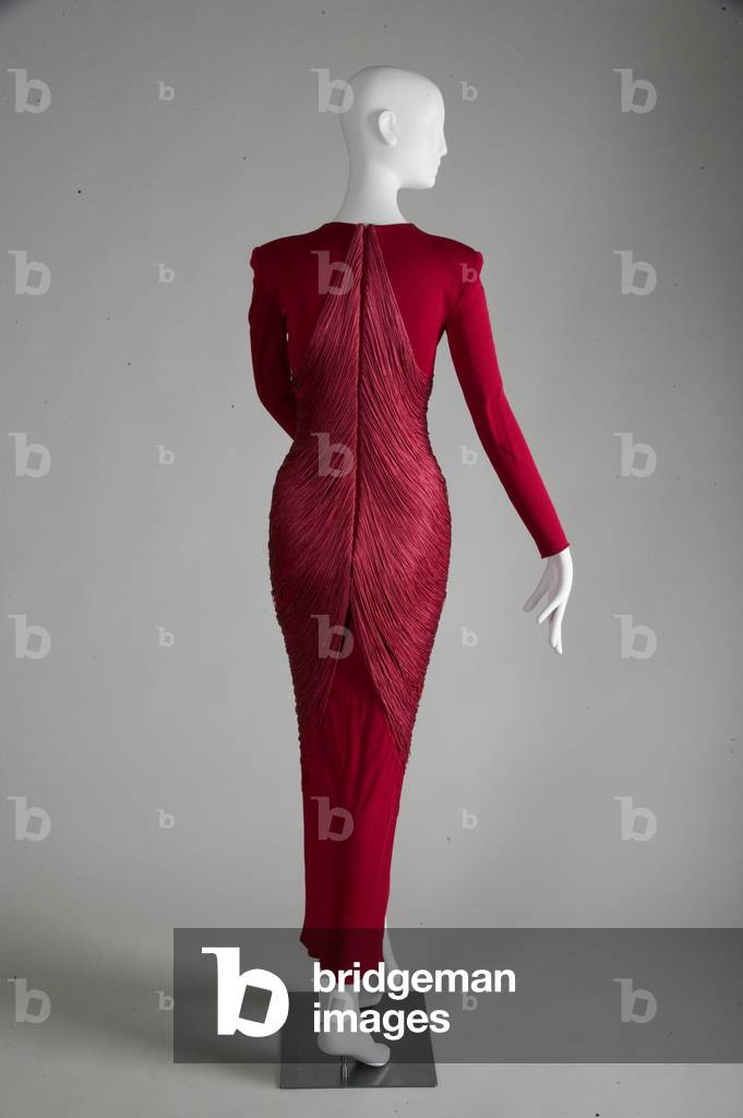 Evening dress, 1979 (back view), Red silk jersey with draped fringe, Bill Blass