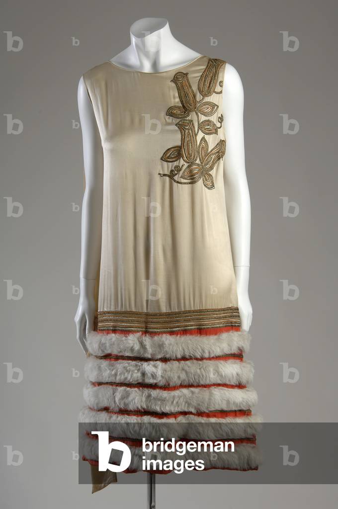 Evening gown, c.1926 (front view), Nicole Groult, France Silk satin and crepe, metallic thread, and fur
