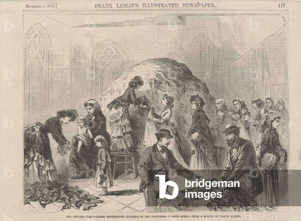 The Chicago Fire: ladies distributing clothing to sufferers of both sexes, illustration from 'Frank Leslie's Illustrated Newspaper', 1871 (engraving)