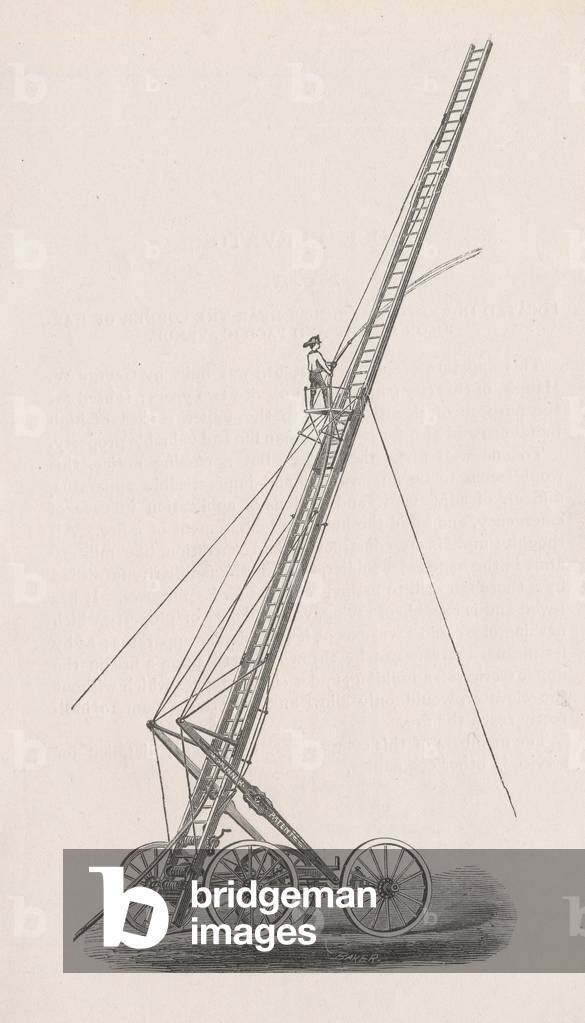 Illustration of Hose Elevator and Truck No. 1. from the Report of the Board of Police, in the Fire Department, to the Common Council of the City of Chicago, pg. 70., 1872 (wood engraving)