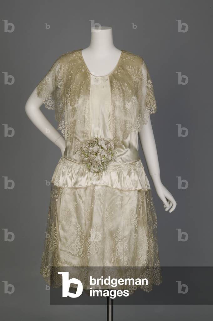 Wedding dress and accessories, 1930 (front view), Silk satin and lace, silk flowers, Maker unknown