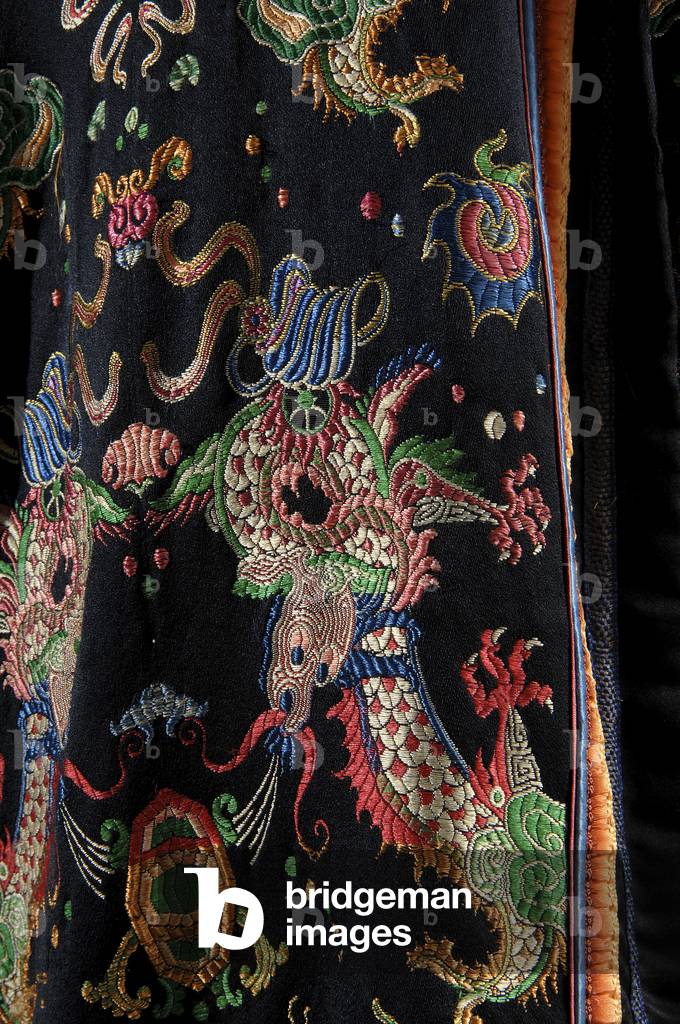 Overcoat, c.1923 (front detail view), Silk brocade, ribbon and velvet, fur, Lucile Ltd., France