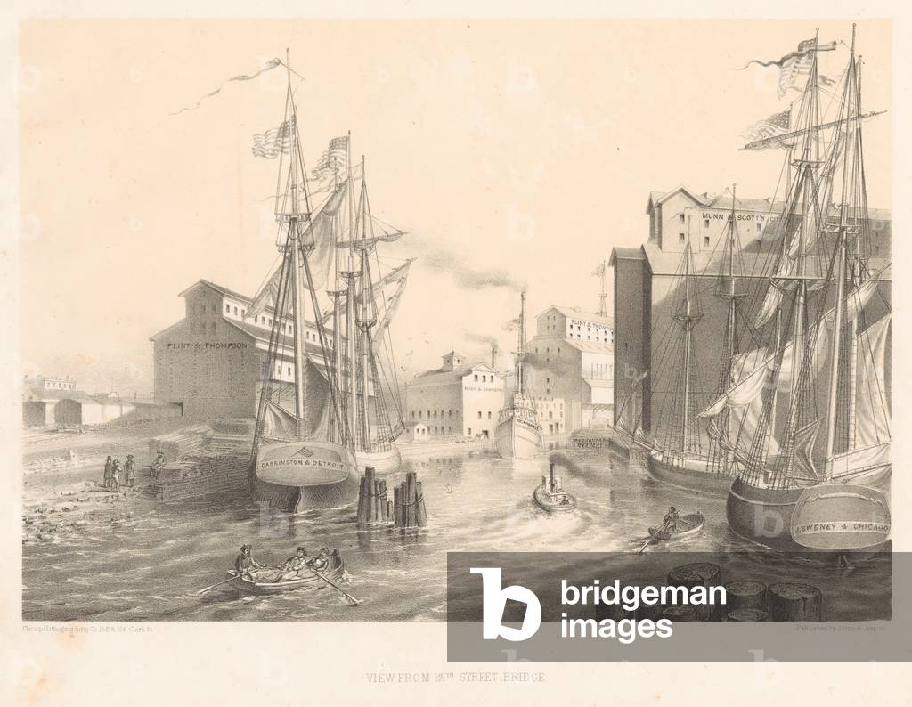 View from 12th street bridge, Chicago, Illinois, USA, 1866 (litho)