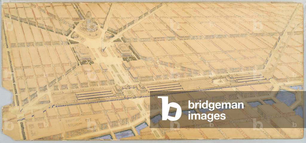 Chicago. Alternative railway station scheme west of the river between Canal and Clinton streets; this plan provides for the railways at a level above the streets (w/c and pencil on board)