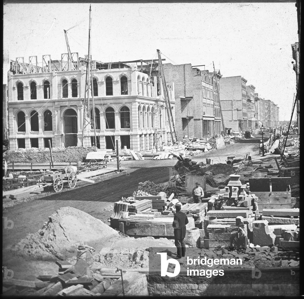 Rebuilding of the Marine Bank building after the Great Chicago Fire, c.1873 (b/w photo)