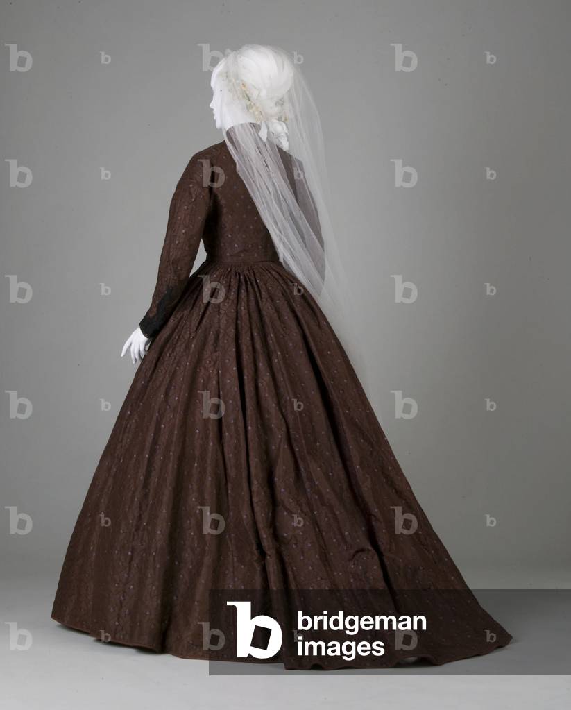 Wedding dress, 1863 (back oblique view), Silk brocade, lace, glass beads, Maker unknown