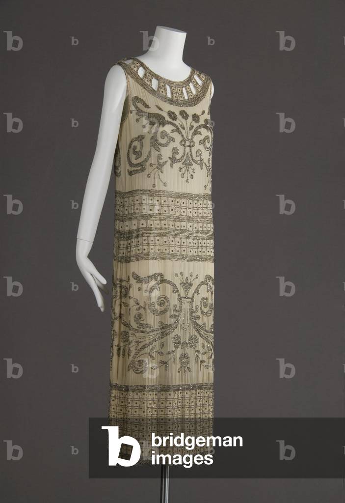 Wedding dress, 1924 (front oblique view), Silk crepe, glass beads, Maker unknown