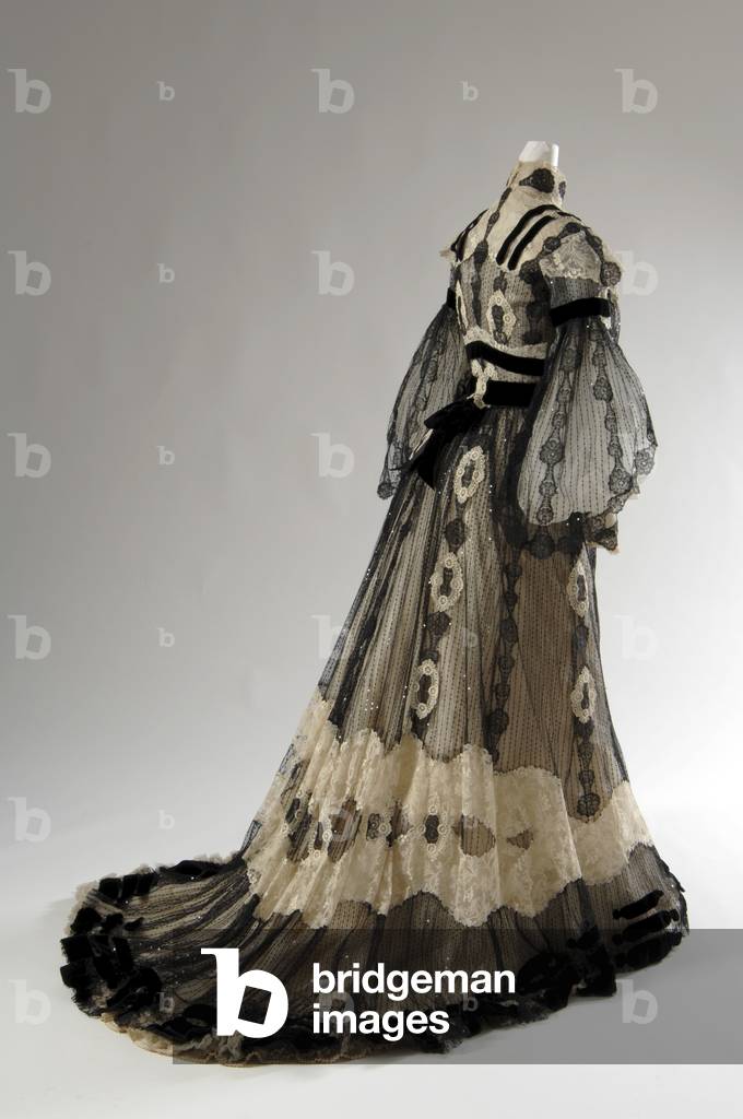 Evening dress, 1902 (back oblique view), Silk lace, silk net, sequins, glass beads, silk velvet trim, Henriette Favre, Paris