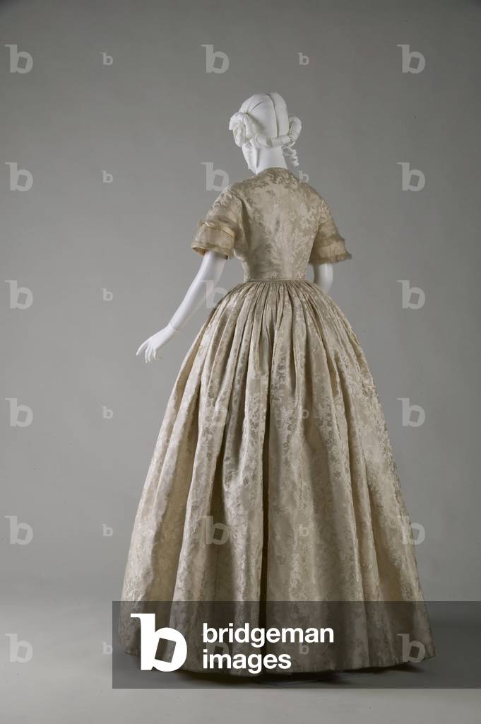 Wedding dress (back oblique view), 1854, Silk jacquard, satin, net, No label