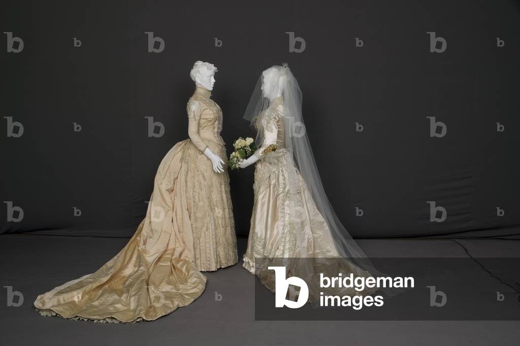 Wedding dresses, 1880s, Silk faille, net, lace, pearl, glass beads