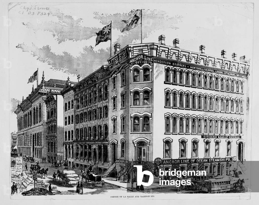 Anchor Line office at the corner of LaSalle and Madison Streets, Chicago, c.1875 (wood engraving)