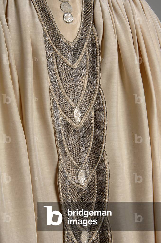 Robe de Style, 1927 (front oblique, detail view of waist), Silk moiré, glass beads, pearls, metallic thread, Jeanne Lanvin, France