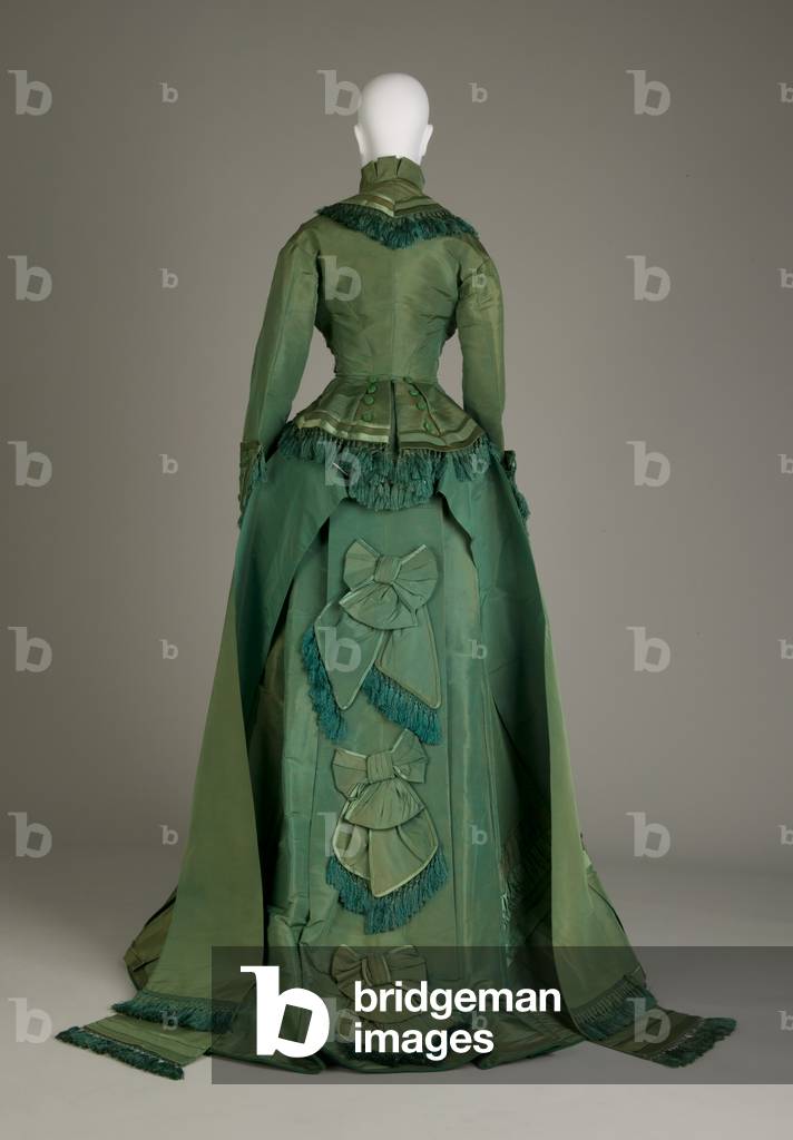 Wedding dress, 1874 (back view), Silk satin, taffeta, Maker unknown