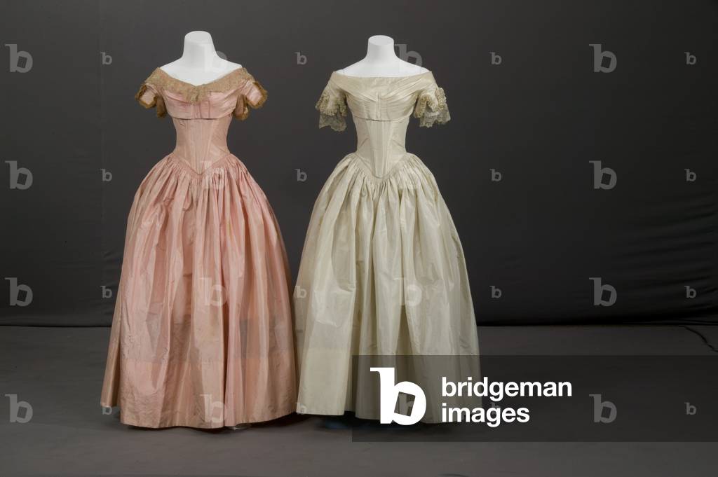 Bridesmaid dress and flower girl dress, 1853 (front view), Silk taffeta, lace, fringe, Maker unknown