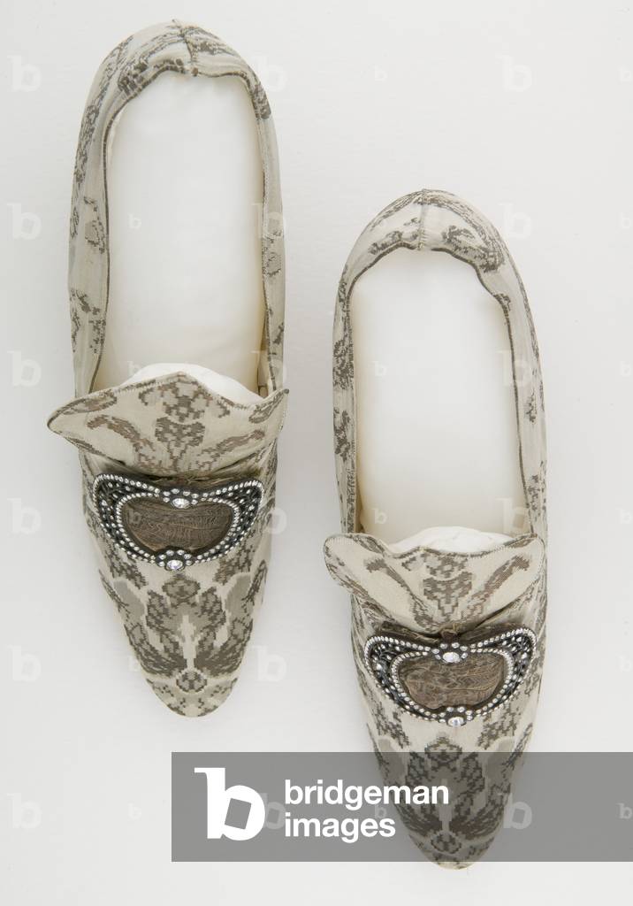 Bertha Palmer's shoes, c.1910, Silk satin with metallic thread brocade, rhinestone and metallic thread buckle, F, Pinet, Paris