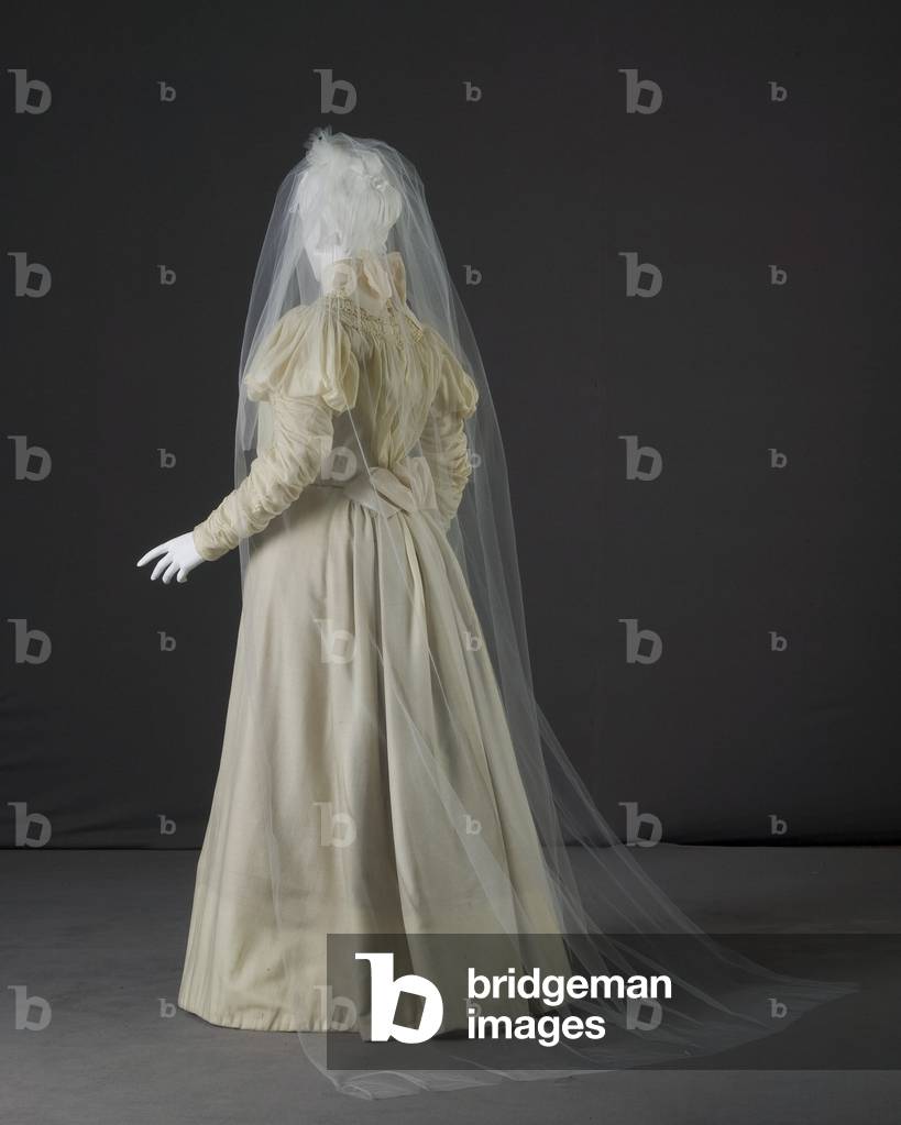 Wedding dress, 1897 (back oblique view, with veil), Silk crepe, satin, Sarah Nugent, bride's sister