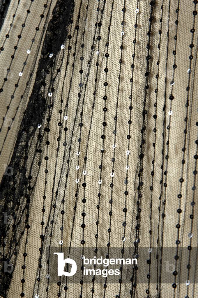 Evening dress, 1902 (close-up view of sequins and netting), Silk lace, silk net, sequins, glass beads, silk velvet trim, Henriette Favre, Paris
