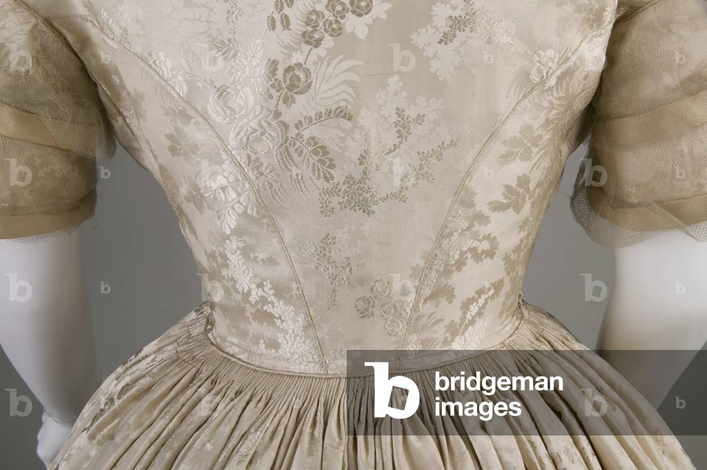 Wedding dress (back detail view of waist), 1854, Silk jacquard, satin, net, No label