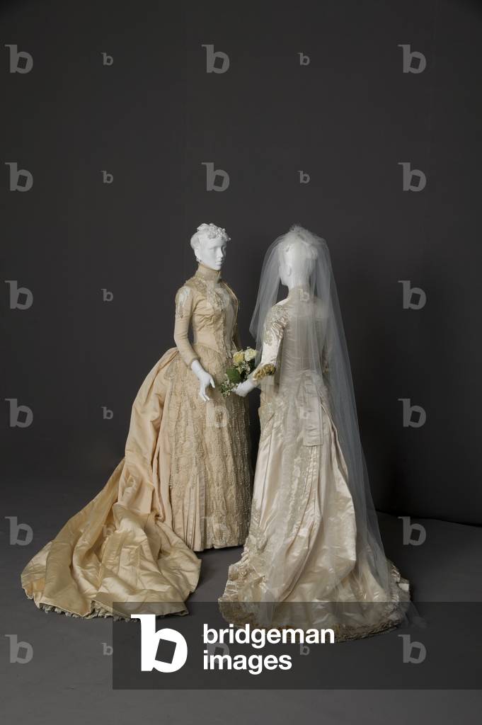 Wedding dresses, 1880s, Silk faille, net, lace, pearl, glass beads