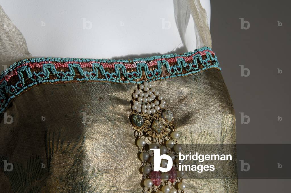 Evening dress, 1921 (front oblique bust detail), Metallic brocade, pearl and glass beads, Callot Soeurs, Paris