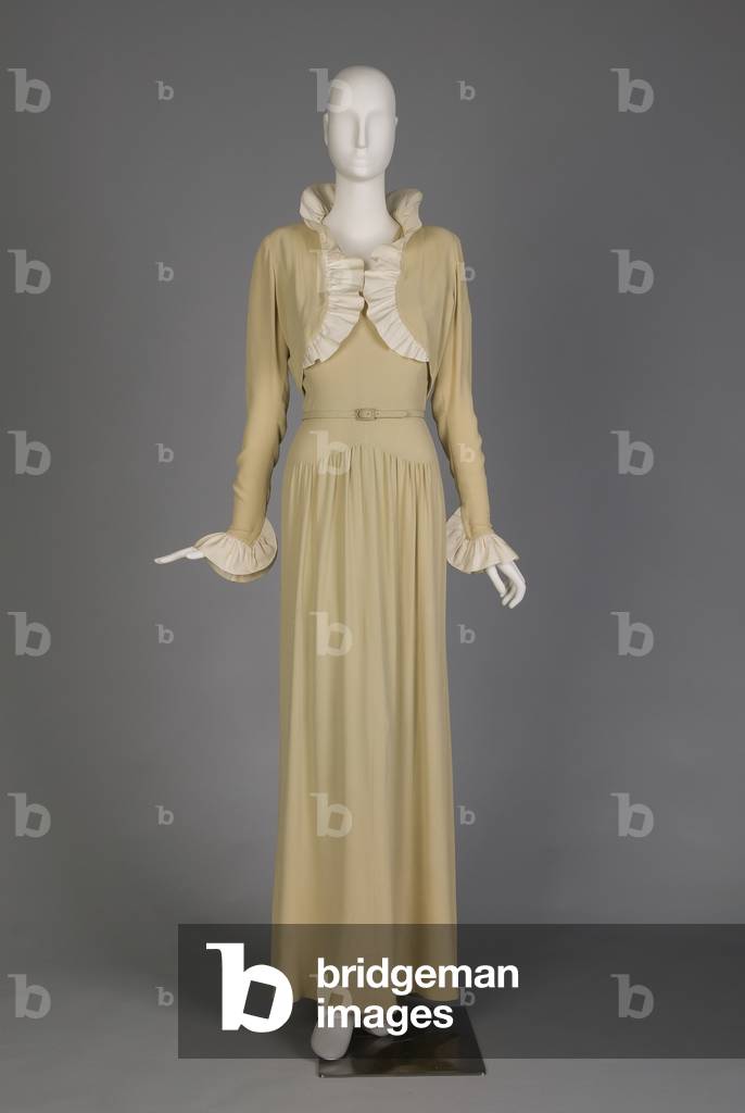 Bridesmaid dress and jacket, 1944 (front view), Cotton crepe, silk ribbon, Maker unknown