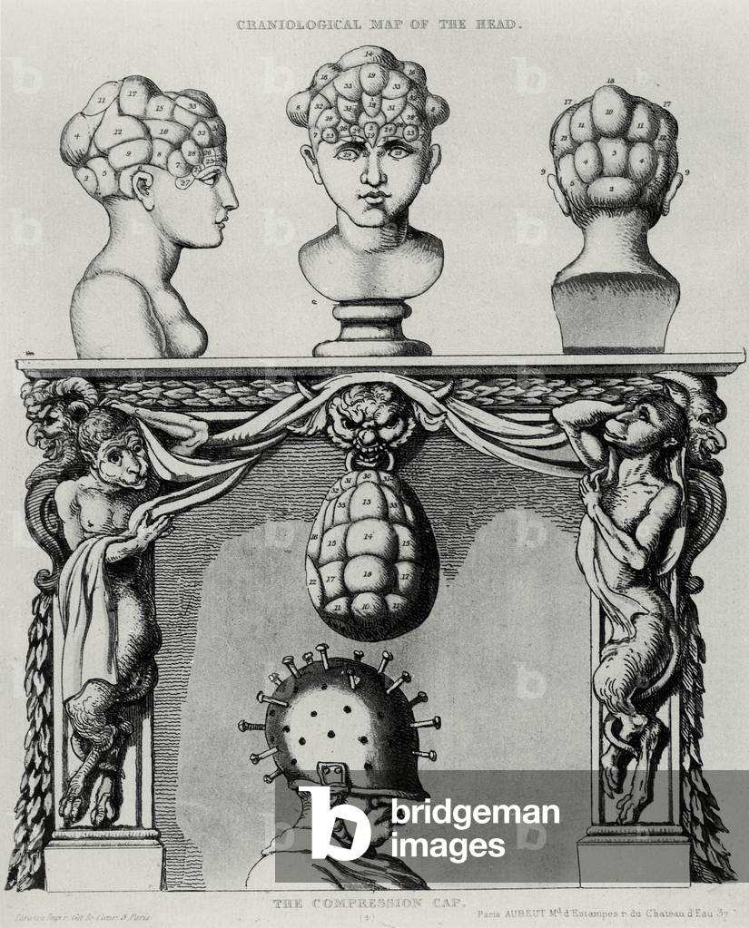 Craniological map of the head and the compression cap, caricature of phrenology (engraving) (b/w photo)