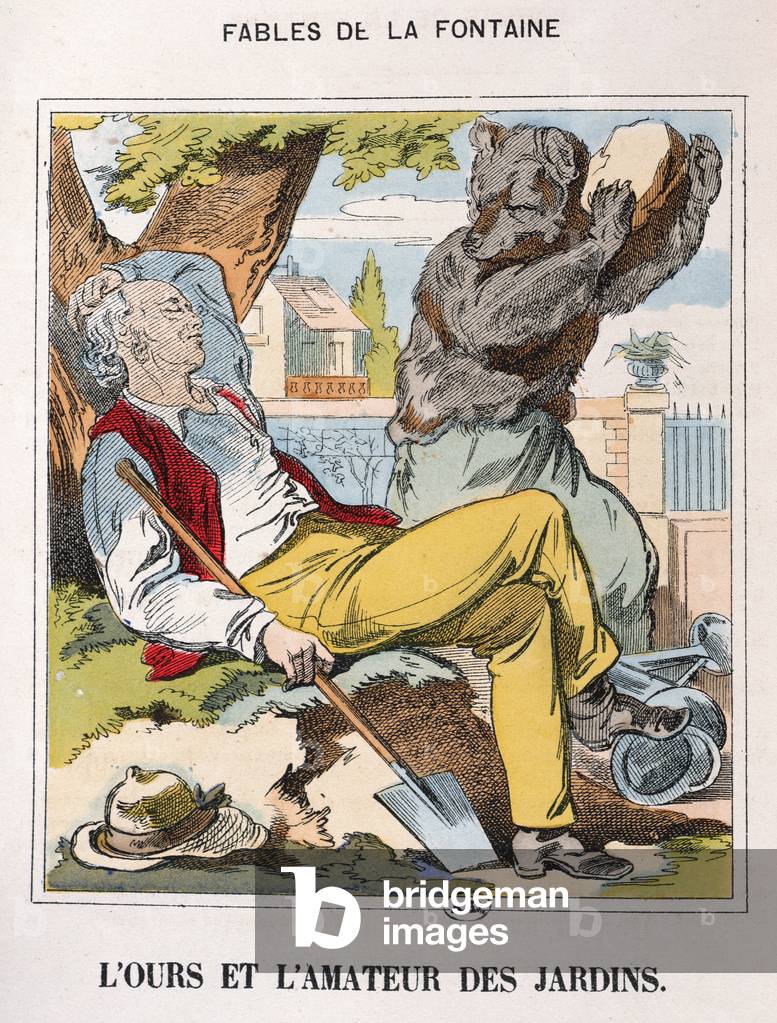 The Bear and the Gardener, from 'Fables de La Fontaine' (coloured engraving)