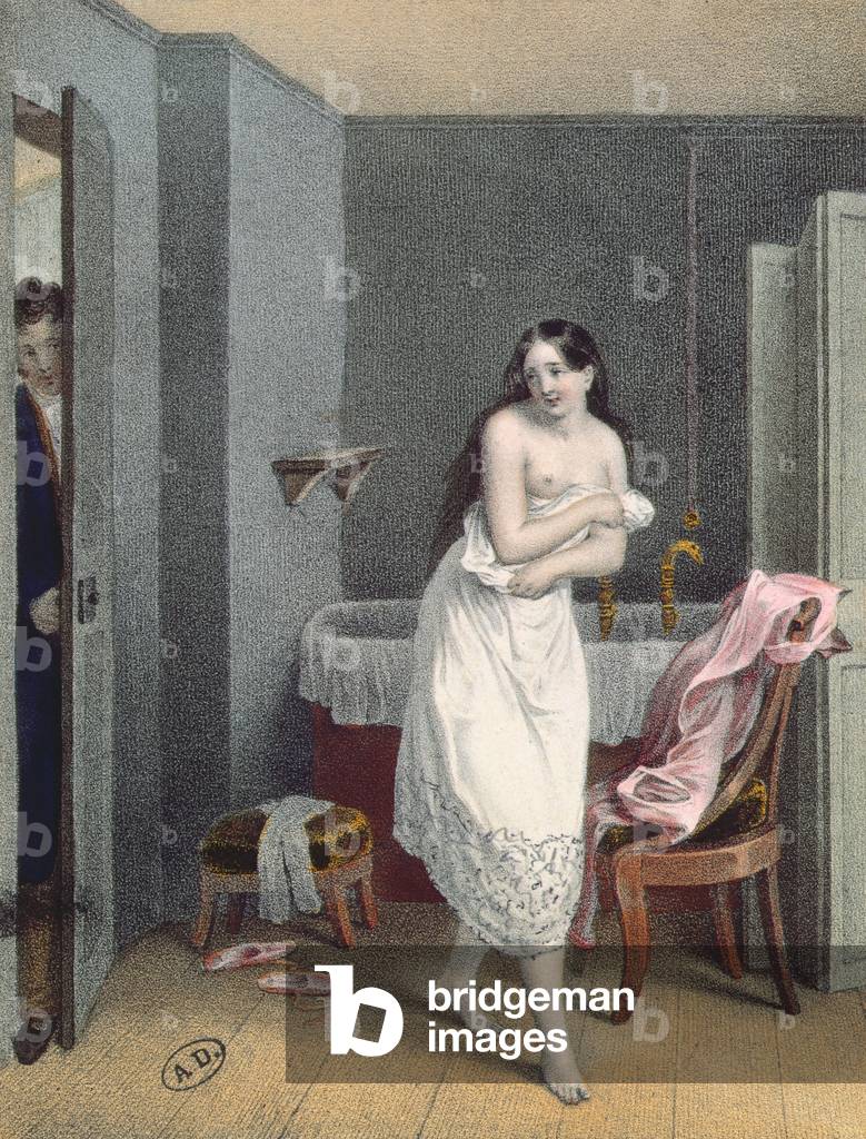 Woman Getting out of her Bath, c.1825 (colour litho)