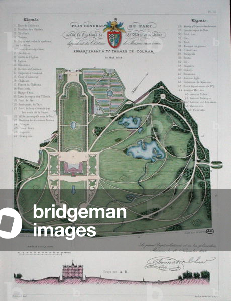 General Plan of the Garden of the Chateau de Maisons belonging to Thomas de Colmar, engraved by G. Lorsignol, 1854 (colour engraving)
