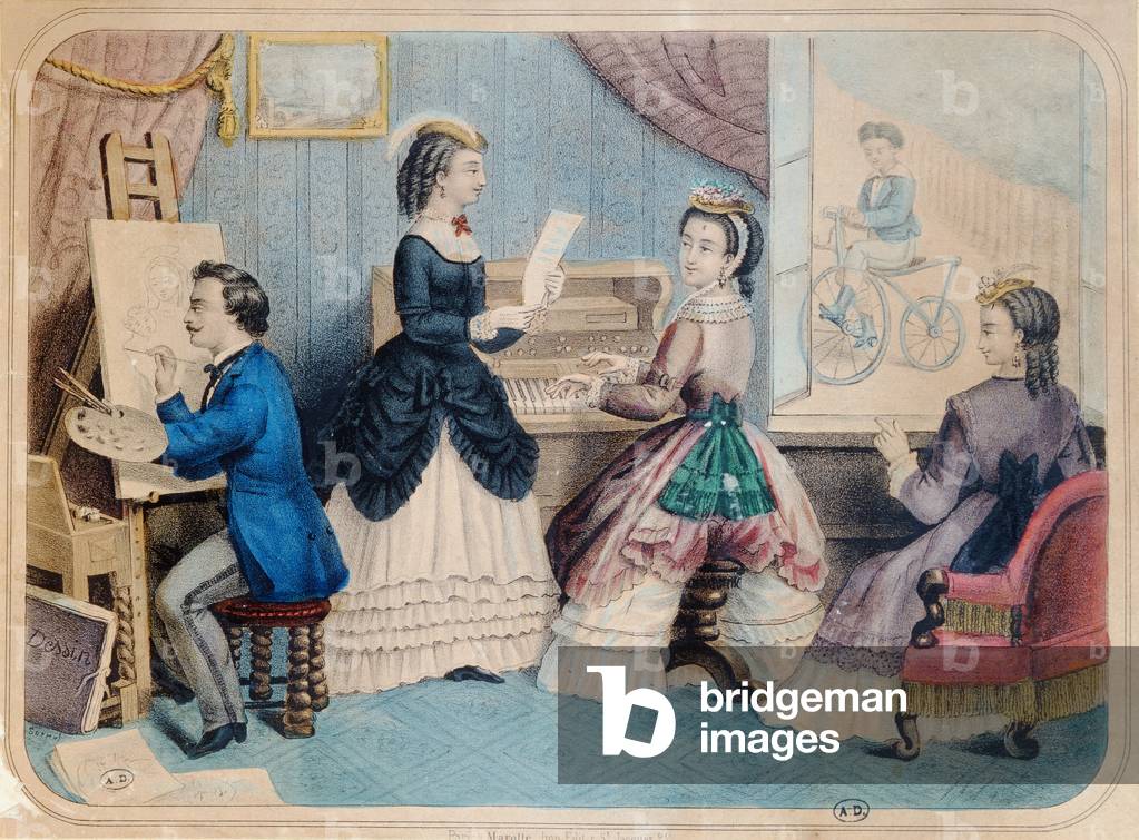 French fashion plate depicting artistic activities, 1867 (colour litho)