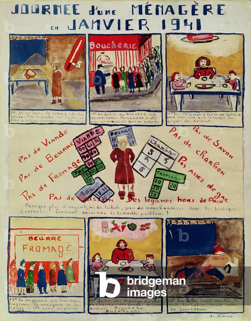 Child's drawing of hardship and rationing in France during the Second World War, 1941 (gouache on paper)