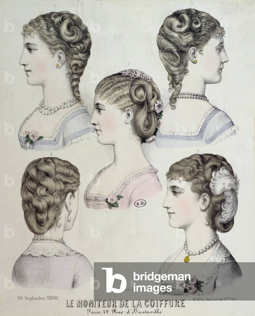 Different hairstyles, plate from 'Le Moniteur de la Coiffure', 1880 (coloured engraving)