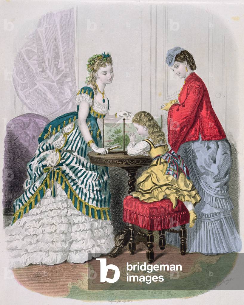 Women and a child looking at an aquarium, from 'La Mode Illustrée', c.1870 (coloured engraving)