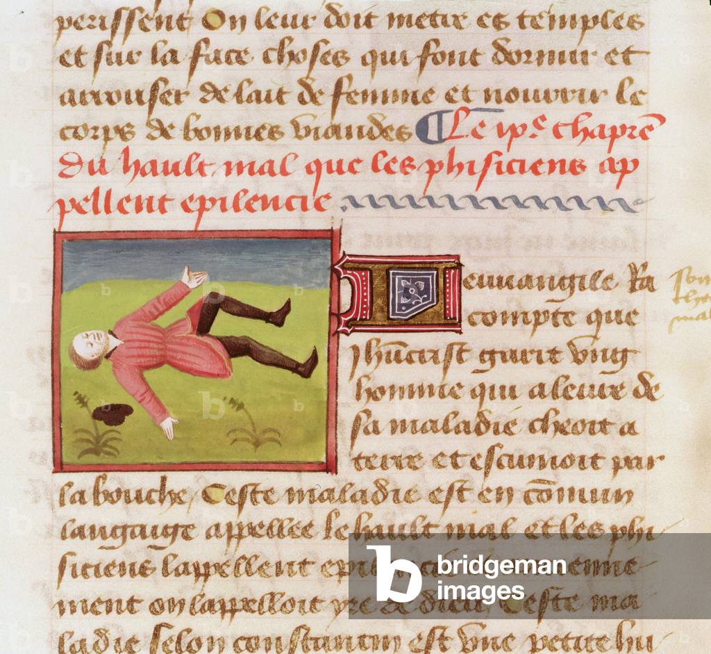 Ms 22532 Patient suffering from an epileptic fit, from 'Le Livre des Proprietes des choses' by Barthelemy l'Anglais, c. 1410-15 (vellum)