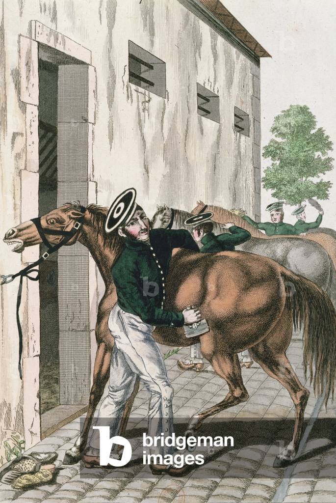 A Dragoon grooming his horse, plate 257 from a series of French Imperial soldiers, c.1800-10 (coloured engraving)