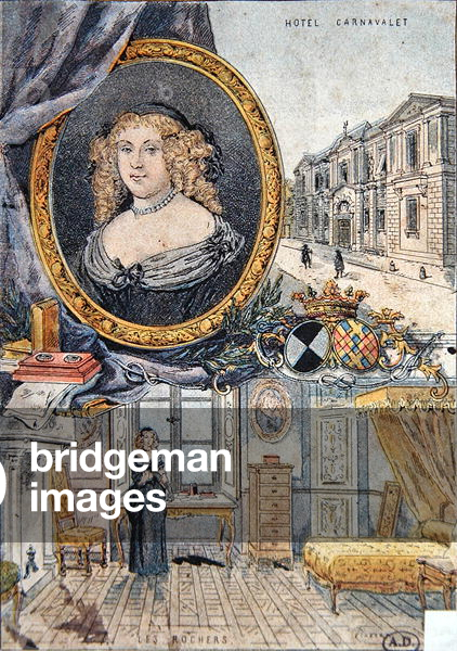 Madame de Sevigne and her two homes, Hotel Carnavalet in Paris and castle Les Rochers in Brittany (colour litho)