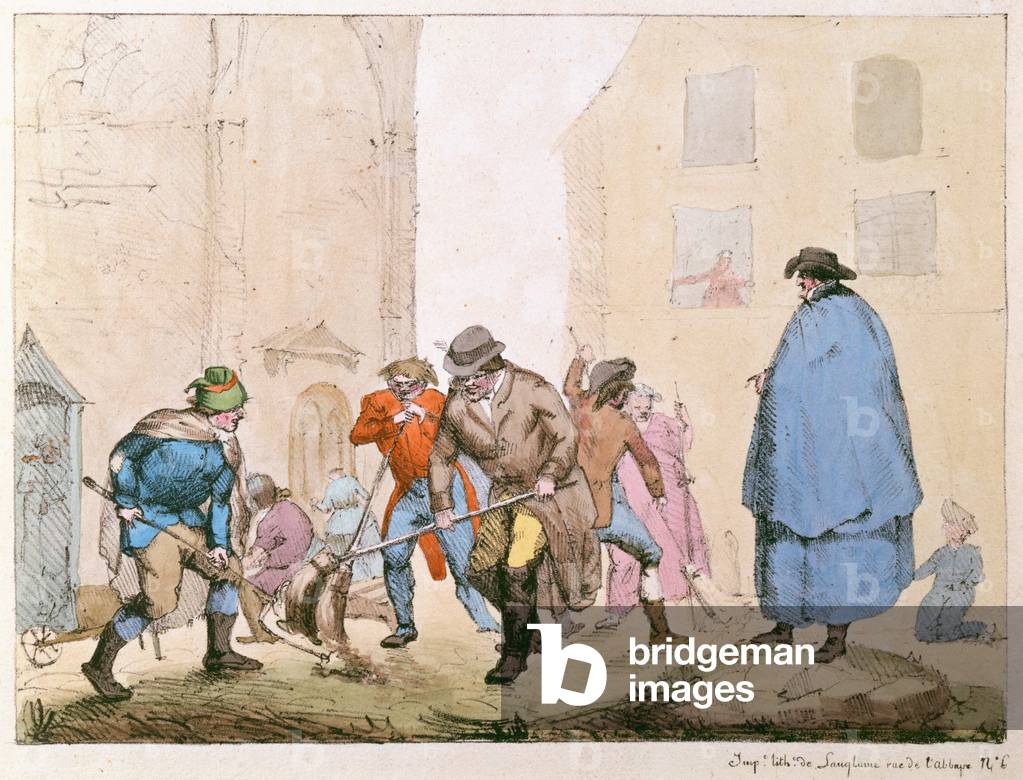 Roadsweepers in Paris, c.1820 (colour litho)