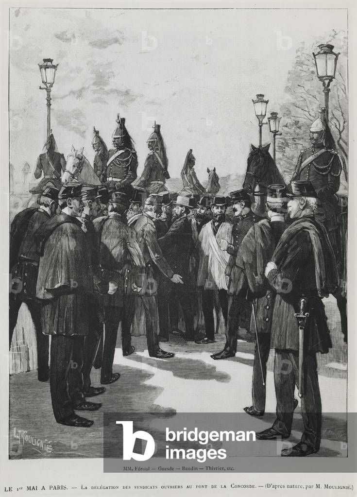 The Delegation of the Trade Unions at Pont de la Concorde during the Demonstration for the 1st May in Paris, 1st May 1890, engraved by L. Moulignie, rengraving) (b/w photo)