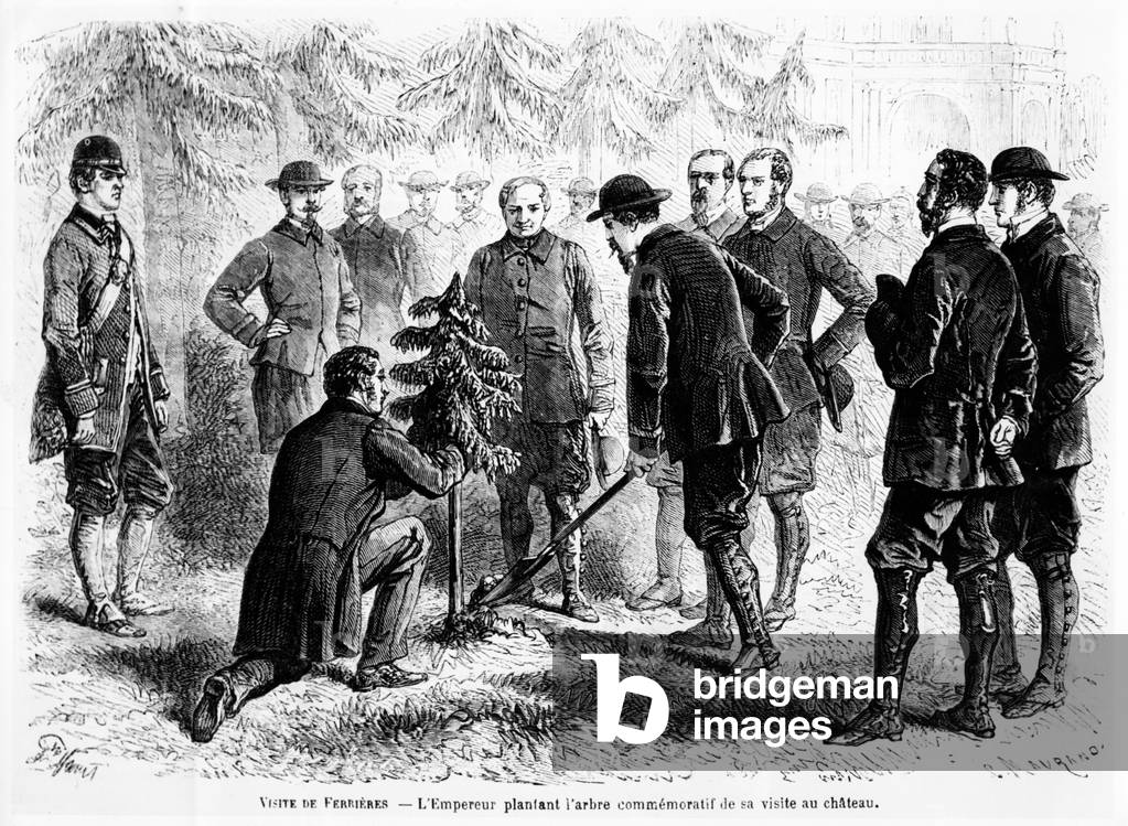Emperor Napoleon III planting a tree at Ferrières, home of Baron James de Rothschild, to commemorate his visit, from 'Le Monde Illustré', 2 November, 1862 (litho)