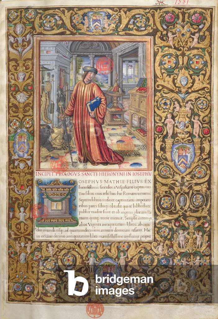Ms. 1581 f. 001 Flavius Josephus in his study, illustration for the Prologue of the 'Antiquities of the Jews' ('Antiquitates Judaicae') by Flavius Josephus, c.1503 (vellum) 